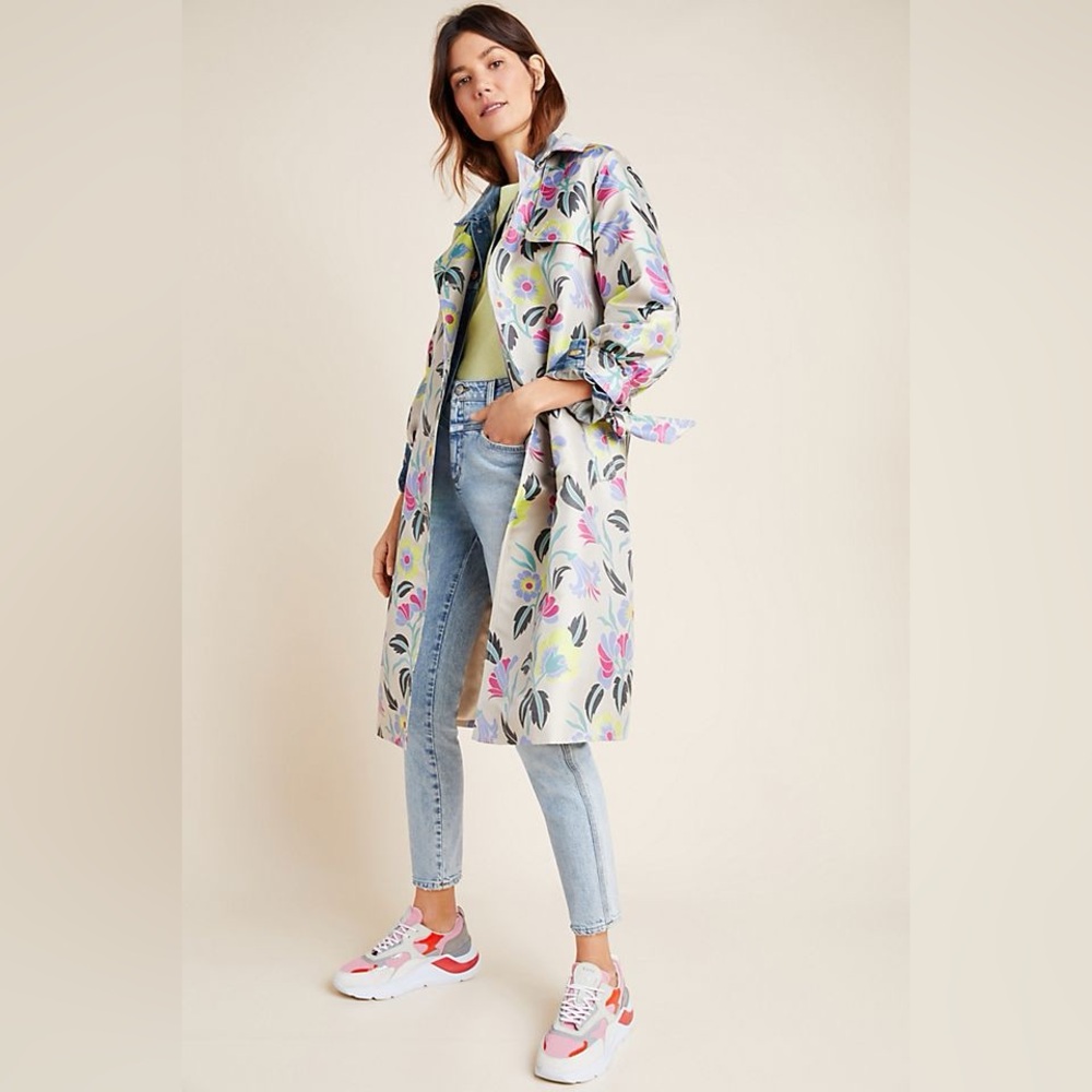 Anthropologie Delpozo Floral Jacquard Trench Coat sz 6 Gray Purple Yellow Blue